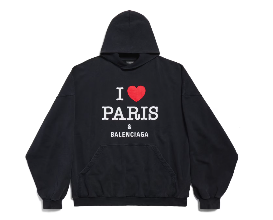 I Love Paris & Balenciaga Hoodie Large Fit in Black Faded