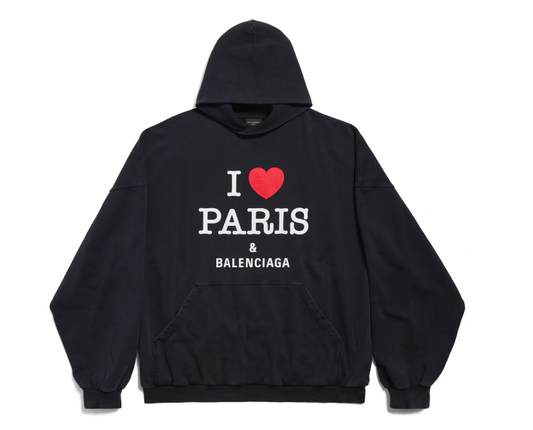 I Love Paris & Balenciaga Hoodie Large Fit in Black Faded